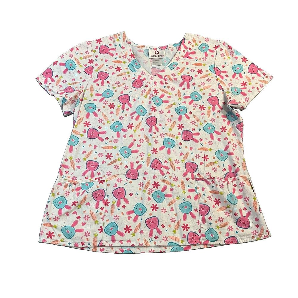 White Cross Bunny Rabbit Pink Blue Pastel Easter Scrub Nurse Top Shirt Size M